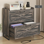 File Cabinet 2 Drawers Lateral File Cabinet with Charging Station for Letter/Legal/A4 Size Hanging Files, Large Wood File Storage Cabinets Printer Stand for Home Office, Dark Rustic Oak