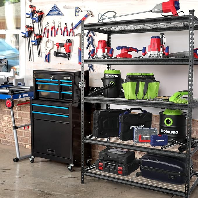 WORKPRO 5-Tier Metal Storage Shelving Unit, 48”W x 24”D x 72”H, Adjustable Storage Rack Heavy Duty Shelf, 4000 lbs Load Capacity (Total), for Garage, Kitchen, Bathroom, Warehouse, Black/Sliver, 10 PCS