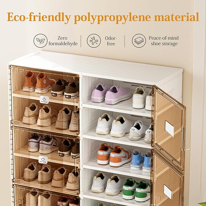 Foldable Shoe Rack Organizer for Entryway with Clear Magnetic Doors - Large Capacity Shoe Cabinet for Boots, Sneakers & All Shoes, Easy Assembly, White 4-Tier 16 Pairs