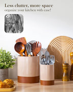 MALACASA Utensil Holder, 7.3"+5.5" Ceramic Kitchen Utensil Holder for Countertop, Large Cooking Utensil Crocks for Kitchen Counter, Farmhouse Utensils Organizer, Set of 2, Khaki Pink, Series TARA