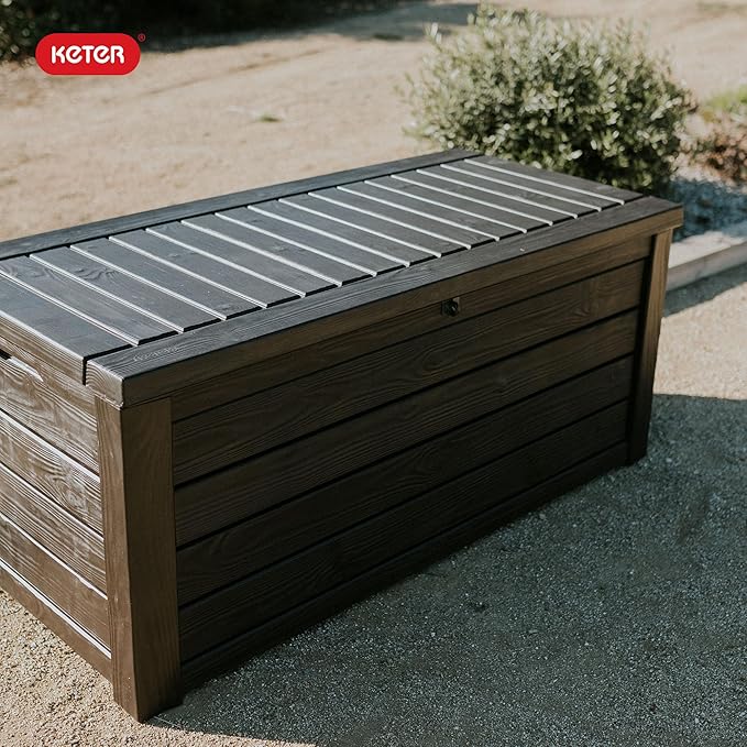 Keter Westwood 150 Gallon Deck Box Organizer, Doubles as 2-Person Bench Seat, Brown – Large Resin Outdoor Storage and Seating with Lockable Lid for Garden, Pool, and Patio