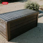 Keter Westwood 150 Gallon Deck Box Organizer, Doubles as 2-Person Bench Seat, Brown – Large Resin Outdoor Storage and Seating with Lockable Lid for Garden, Pool, and Patio