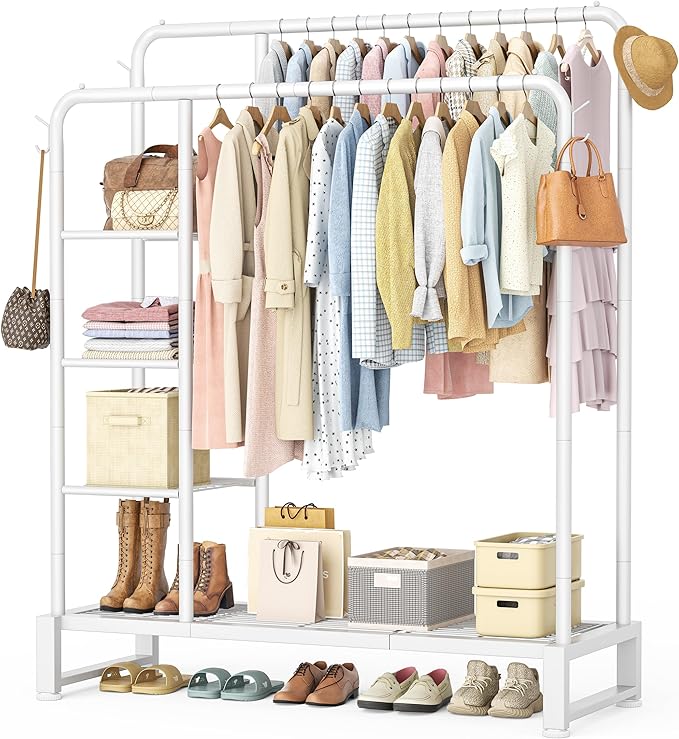 Double Rods Clothes Rack Clothing Rack with 4 Tier Storage Shelves Clothes Rack for Hanging Clothes Multifunctional Heavy Duty Clothes Organizer with Hooks for Bedroom,Wardrobe Closet,Shop,White