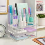 STORi Chloe Stackable Makeup Holder & Drawer Organizer Set, Clear, BPA-Free Plastic, Made in USA, Organize Brushes, Cosmetics & Beauty Essentials