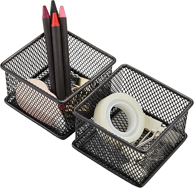 Annova Mesh Stackable Drawer Cabinet and Shelf Organizer Bins Storage Basket School Office Supply Holder Tray- Set of 2 (Black, 3x3x2 Inch)