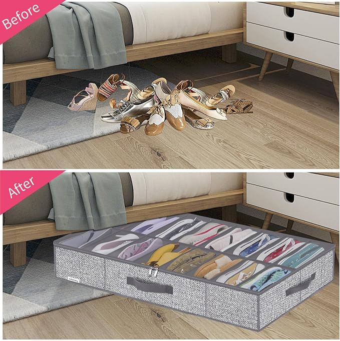 Onlyeasy Sturdy Under Bed Shoe Storage Organizers with Handles & Clear Window (16 to 32 Pairs) 2 Pack, Closet Shoes Containers Boxes for Kids & Adults, 37.7"x23.6"x5.9", Linen-like Grey, MXDUBS16P2