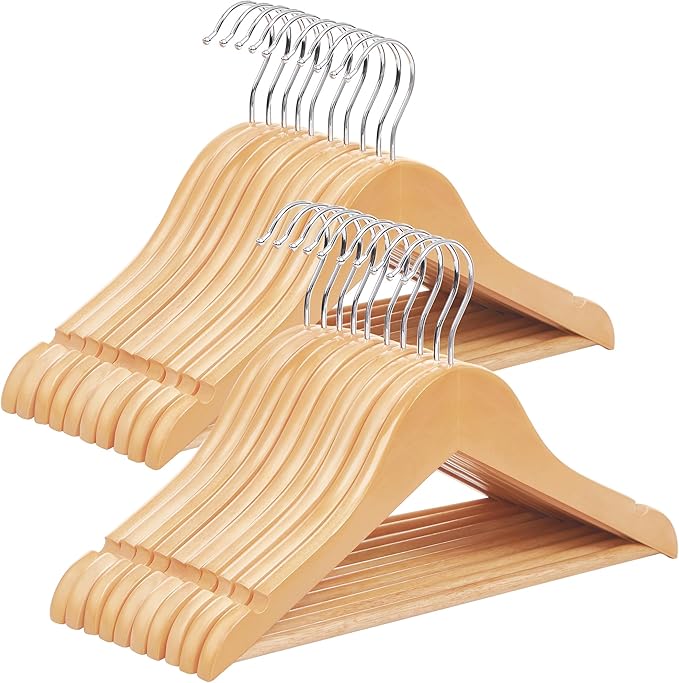 SONGMICS Kids Wooden Hangers 20 Pack, Solid Wood Baby Hangers, Children's Coat Hangers with Pants Bar, Shoulder Notches, Swivel Hooks, 12.6 x 7.5 Inches, Natural and Silver UCRW06NL