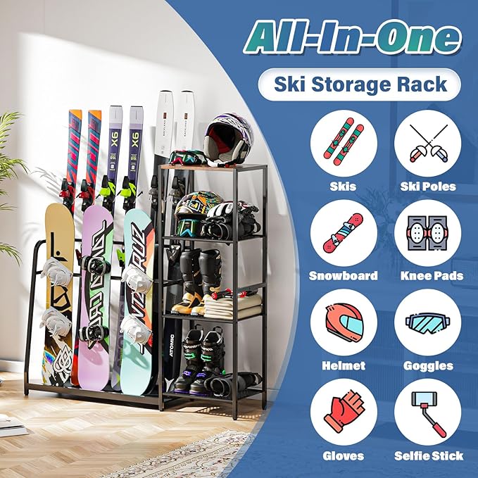 Freestanding Snowboard Rack - 4 Pair Ski, 3 Pack Snowboard, Boot, Pole, Goggles, Helmet Rack for Garage, Shed, Basement