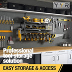YYR Heavy Duty Power Tool Organizer Wall Mount, Cordless Drill Hanger Storage Rack, Battery Tools Holder with Charging Station Shelf for Garage Organization, Workshop, Pegboard, Shed - 32 Inch 8 Slots