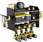 TRZZ Power Tool Organizer Wall Mount, 3-Layer Drill Holder with 2 Side Pegboards, Cordless Drill Rack with 4 Hooks, Efficient Storage for Workshop, Garage, and Tool Room (Black)