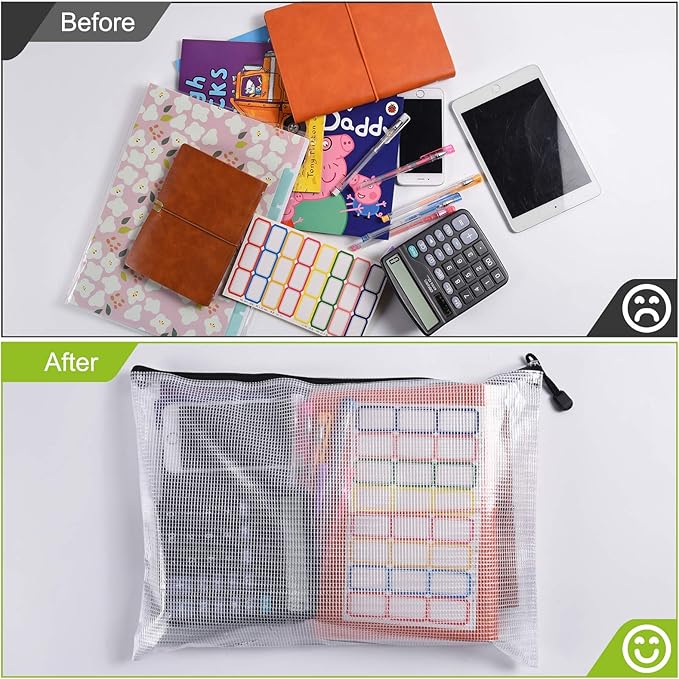 12 Pcs Plastic Mesh Zip File Bags, Waterproof Tear-Resistant Document File Folders, A4 Size Zipper Documents Pouch Document Organizer Bags for School Office Home Travel Storage(13.5×9.5Inch)