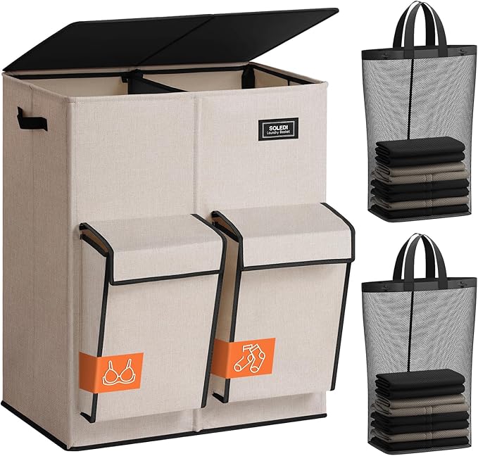 SOLEDI Double Laundry Hamper with Lid, 47.8 Gal (180L) Large Laundr Basket 2 Section with 2 Side Pockets, Dirty Clothes Hamper with Removable Bag, Easy to Carry for Laundry Room, Bedroom, Light taupe