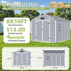 8 x 10 FT Plastic Tool Shed, All-Weather Resin Outdoor Storage Shed with Floor, Lockable Doors & Windows, Plastic Garden Shed for Poolside, Backyard, Patio