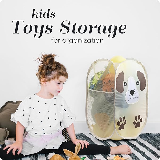 Handy Laundry Collapsible Mesh Pop-Up Hamper with Wide Opening and Side Pocket - Breathable, Sturdy, Foldable, Space-Saving Design (Puppy)