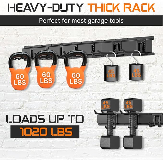 "96 Garage Tool Organizer Wall Mount - Heavy Duty 1020 lbs Metal Storage Rack, Easy Install Adjustable Hooks for Garden Tools Brooms