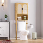 Bamboo Over-The-Toilet Storage Shelf with Inverted U-Shaped Doors, Rattan Surface Bathroom Freestanding Space Saver Organizer with Shelves, Natural
