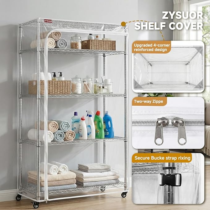 Clear PVC Wire Rack Cover, 36" W x 18" D x 72" H, 3-Way Opening with Two-Way Zippers, Waterproof Clear Shelf Cover for Garage & Closet