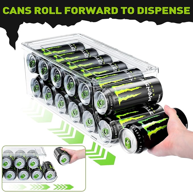2 Pack Tall Skinny Can Organizer for Refrigerator, Stackable Large Soda Cans of 16oz & 17oz Beverage Energy Drink Container Holder Dispenser with Lid for Fridge, Clear Storage Plastic Bins