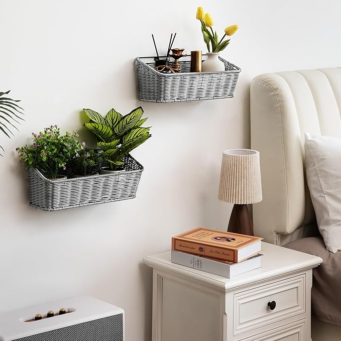 GRANNY SAYS Wicker Hanging Basket, 2 Pack Storage Baskets for Cabinet, Wall Mount Fruit Basket for Kitchen, Adhesive Bathroom Cabinet Organizer, Pantry Organizers and Storage, Gray