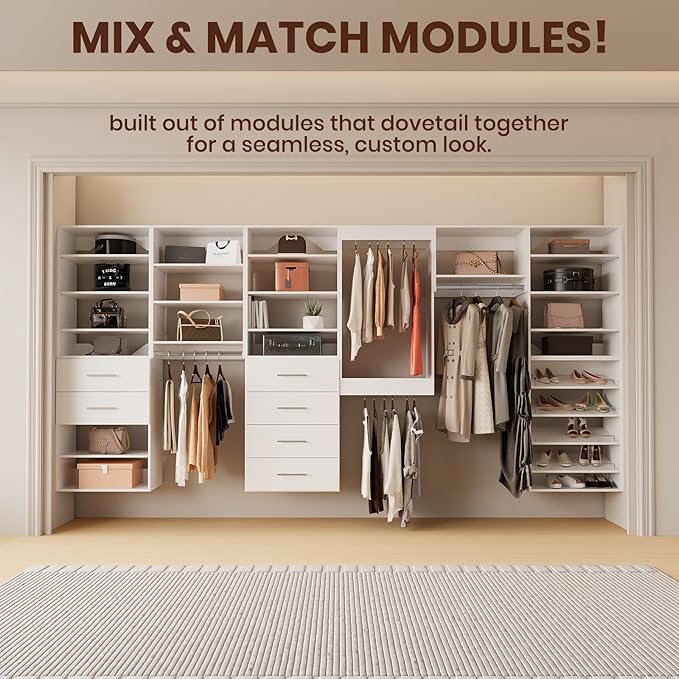 ROOMTEC Modular Closet System, 58" Wall Mounted Closet Organizer with Hanging Rods and Shoe Shelf, Wooden Tower for Walk-In Closets, Wardrobe Storage Kit, White