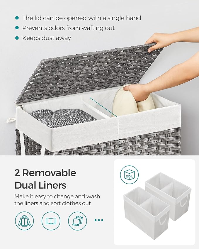 SONGMICS 130L Clothes Hamper with Lid, 2 Removable Liner Bags, 6 Mesh Bags, Wicker, Double Laundry Basket for Bathroom, 13 x 26 x 23.6 Inches, Gray ULCB253G01