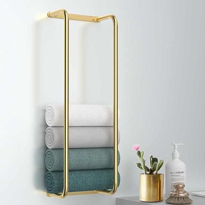Towel Rack for Bathroom Wall Mounted, Bathroom Towel Storage, Rolled Bath Towel Holder, Small Space Bathroom Towel Storage, Bathroom Organizer - Brushed Gold