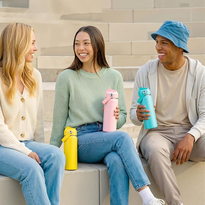 24oz Insulated Stainless Steel Water Bottle, Wide Mouth Double Wall Vacuum, Silicone Straw, Sweat & Leak Proof, BPA Free Insulated Water Flask for Travel, Keep Cold 24h Hot 12h, Yellow
