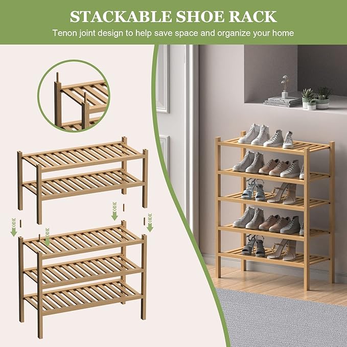 (Thick Bamboo Shoe Rack for Entryway, 3-Tier Free Standing Shoe Racks Stackable Shoe Rack Organizer for Hallway Closet Living Room 27 x12 x21 Inches