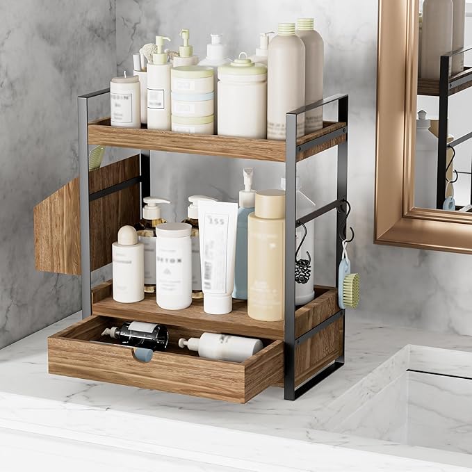 2-Tier Bathroom Counter Organizer with Drawer and Basket, Wood Countertop Organizer for Storage, Skincare Organizers for Vanity, Counter Shelf for Bathroom Organization(Dark Brown)