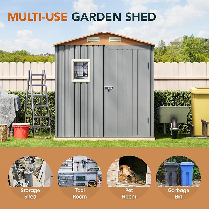 6x4FT Multi-used Shed & Outdoor Storage Shed, Steel Tool Shed with Lockable Doors,Window,Vent,Compact Metal Tool Garden Shed for Garden, Backyard, Patio, Lawn and Various Storage(Matte Gray)