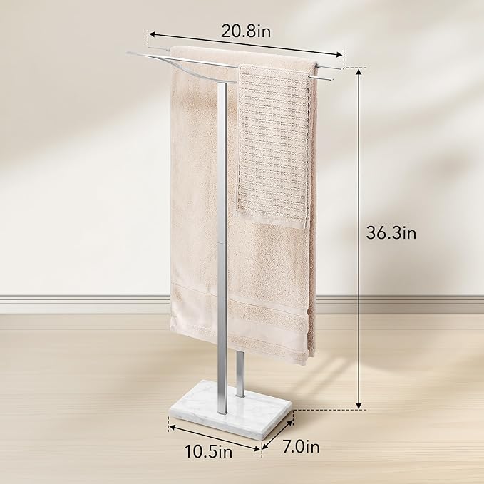 Bathroom Towel Rack Freestanding Floor Stand: Brushed 36in 2‑Bar Weighted Marble Base Towel Holder, Rustproof 304 Stainless Steel Drying Rack for Bath&Hand Towels, No‑Drill Slim Organizer, Spa Pool