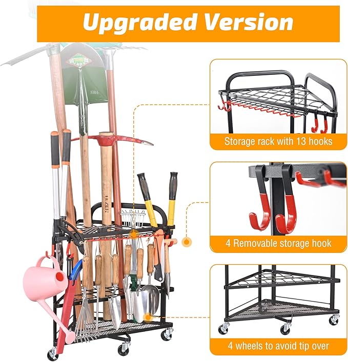 PLKOW Garden Tool Organizer with Wheels and Storage Hooks, Rolling Corner Tool Storage Rack for Garden, Shed, Garage, Powder Coated Steel, Black