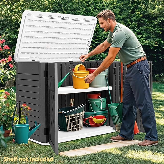 DWVO 35 Cu Ft Storage Shed with Unique X-Shaped Lockable Door, Outdoor Weatherproof Resin Shed Without Shelf for Waste Bins, Bicycles, Gardening & Lawn Equipment, Dark Gray
