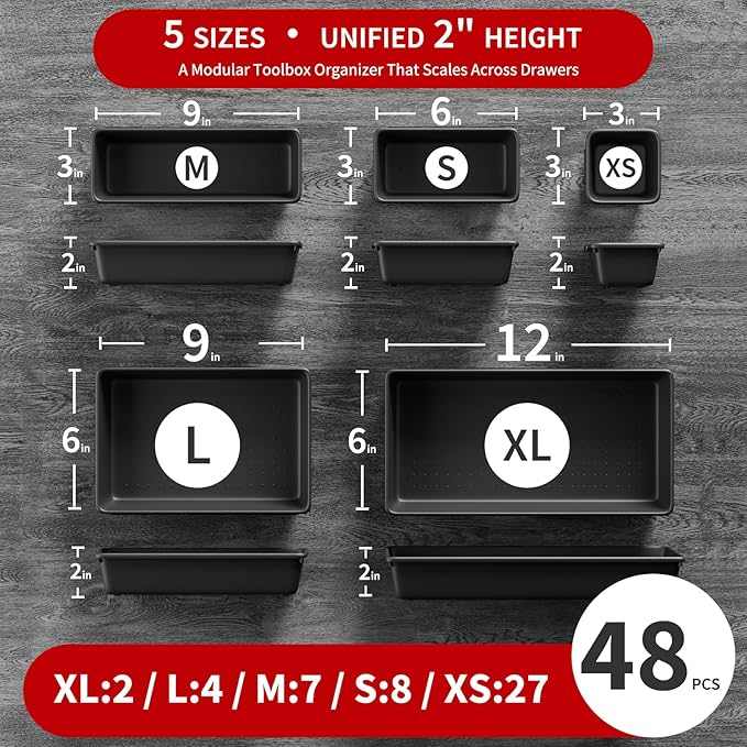 【48PCS & 5 Sizes】 Tool Box Organizer Tray, Toolbox Drawer Organizer with Non-Slip Pads, Desk Drawer Divider Set, Fits Rolling Tool Chest Cabinet for Garage & Workbench