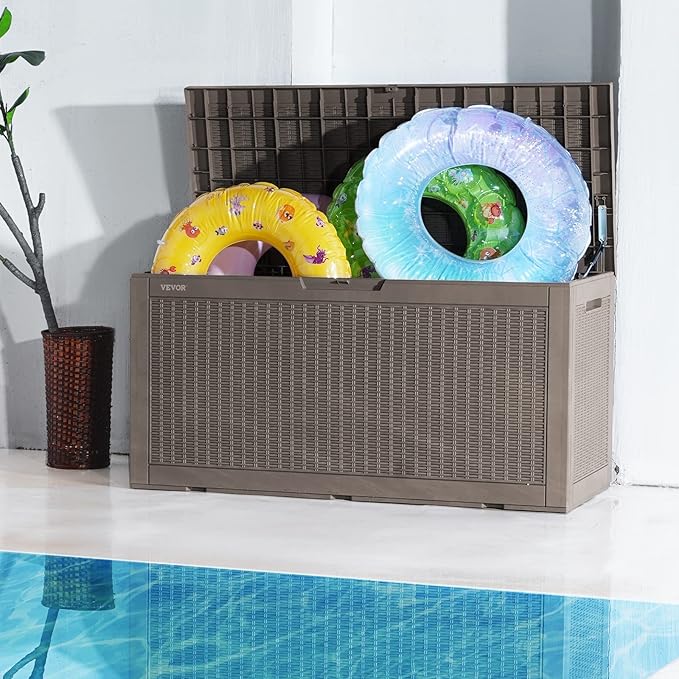 VEVOR Deck Box, 100 Gallon Outdoor Storage Box, 48.0" x 21.5" x 24.5", Waterproof PP Deckbox with Aluminum Alloy Padlock, for Patio Furniture, Garden Tools, Outdoor Cushions, Gray