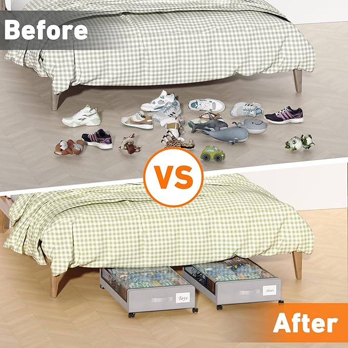 Under Bed Storage with Wheels, 2 Pack Under Bed Storage Containers with Dividers & Clear Lids, XXL 65L Under the bed storage Organizer Bins, Underbed Storage with Wheels for Clothes (Gray, 2 Pack)