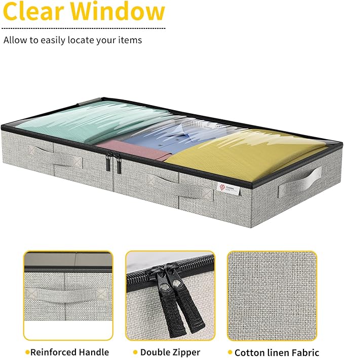 4.5 Inches Under Bed Storage Containers with Sturdy Sidewalls/Bottom and Reinforced Handles，Low Profile Underbed Storage for Clothes,Shoes,Pillows and Blankets with Zips and Clear Windows,2 Pack
