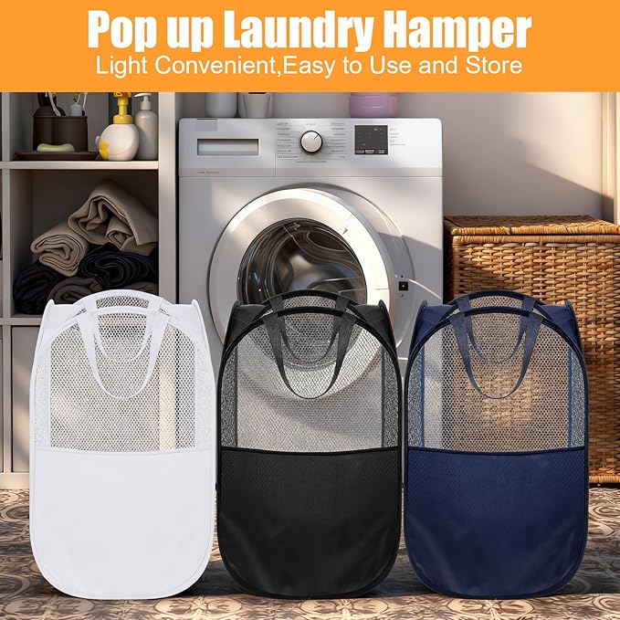 9Pcs Mesh Hamper Pop up Hampers for Laundry Foldable Laundry Basket with Sturdy Handles (Black/White/Blue) Dirty Clothes Baskets for Bedroom College Dorm Travel Storage