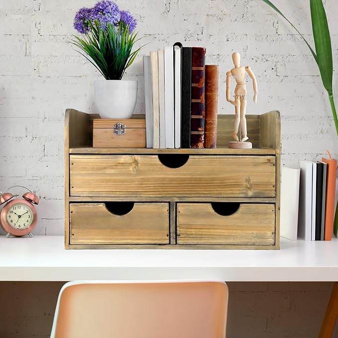 Besti Wooden Office Desk Organizer - Organizing Tool for Desktop, Cubicle, Bedroom, Kitchen - Vintage Style Organization Caddy with Top Tray Shelf & 3 Drawers - 13.6x9x7 Inches (Rustic Burnt)