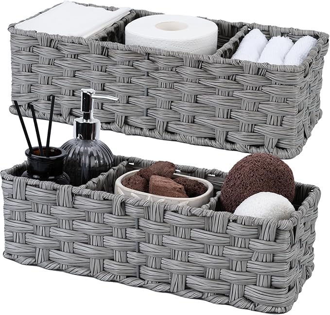 GRANNY SAYS Toilet Tray Tank Topper, Wicker Baskets for Storage, Set of 2 Waterproof Bathroom Basket for Organizing, Gray Bathroom Organization Baskets, 14¼" x 6" x 4¼"