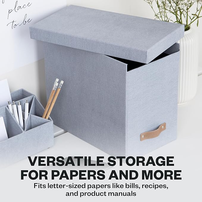 Bigso John File Box - File Storage Box and File Organizer for Important Paperwork - Durable Hanging File Box with Lid and Leather Handle - 7.36 in x 13.26 in x 10.51 in - Ash