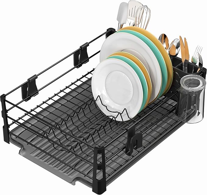Simple Houseware Dish Drying Rack with Drainboard, Utensil Holder & Mug Hooks, Black Metal Kitchen Counter Organizer