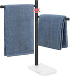 Hand Towel Holder, F-Shape Hand Towel Stand with Marble Base, Stainless Steel Swivel Hand Towel Rack Bar Standing for Bathroom Kitchen Countertop, 2 Arms (Matte Black)