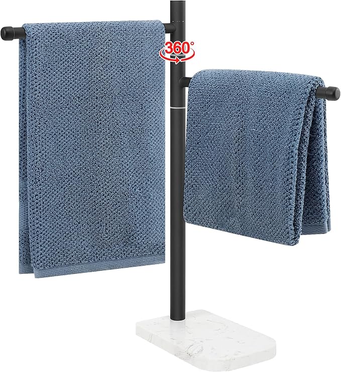 Hand Towel Holder, F-Shape Hand Towel Stand with Marble Base, Stainless Steel Swivel Hand Towel Rack Bar Standing for Bathroom Kitchen Countertop, 2 Arms (Matte Black)