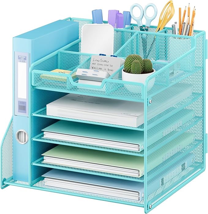 Lavatino 5-Tier Metal Mesh Desk Organizer with File Holder & 7 Customizable Compartments | Paper Letter Tray for Office or Home Desk Storage | Keep Workspace Supplies Neat & Organized, Blue