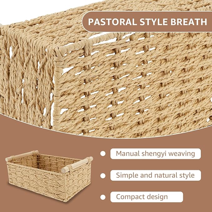4PCS Toilet Paper Basket Decorative Woven Basket with Wood Handle Multipurpose Toilet Paper Bin for Home Bathroom Living Room Office