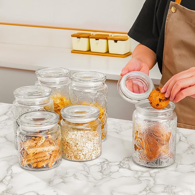 32oz Vintage Glass Jar With Lid, Glass Storage Containers, Airtight Kitchen Storage Containers For Sugar, Coffee, Tea, Spice, Flour, Candy Cookie, Pasta, Cereal, Cute Decorative Jars