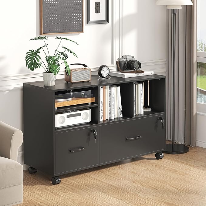 Semoic 2 Drawer Wood Lateral File Cabinet with Lock, Lockable Rolling Filing Cabinet with Adjustable Storage Shelves, Printer Stand Office Storage Cabinet for Home Office Fits Files Legal/A4, Black