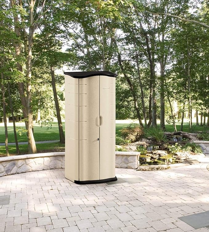 Rubbermaid Compact Vertical Resin Storage Shed With Floor (2 x 2.5 Ft), Weather Resistant, Beige/Brown, Organization for Home/Backyard/Garden Tools/Porch/Patio Cushions/Pool Chemicals/Toys