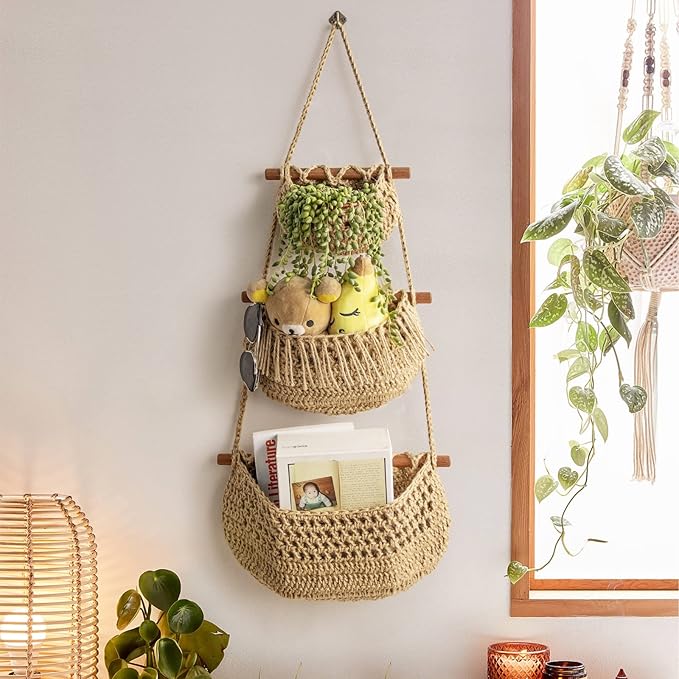Hanging Fruit Basket, 3 Tier Over the Door Organizer, Handmade Woven Jute Wall Baskets for Organizing, BOHO Decor, Storage for Kitchen, Living & Bathroom Bedroom.